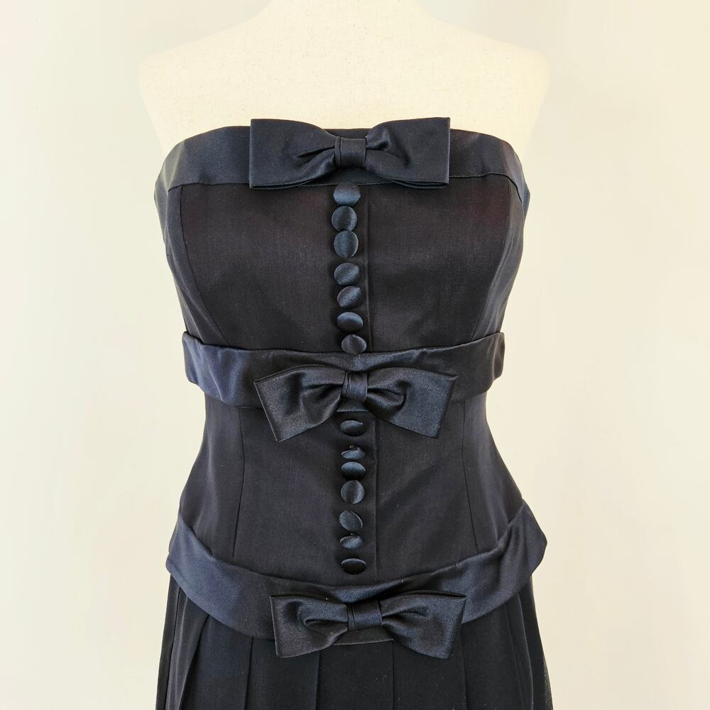 Y2k Silk Drop-Waist Dress Navy Pleated Button & Bow Kathryn Conover - Size 2 - Picture 4 of 9